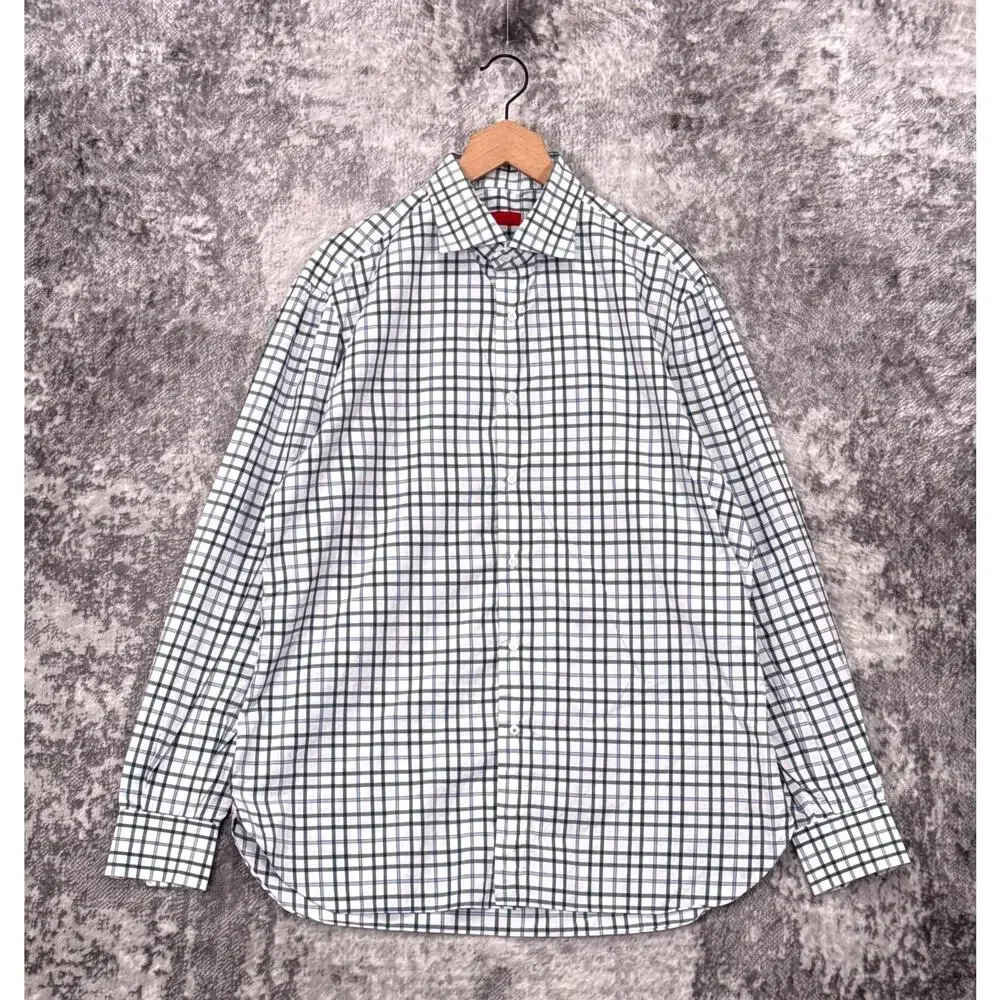 ISAIA Dress Shirt 17 / 43 Mens White & Gray Windowpane Check